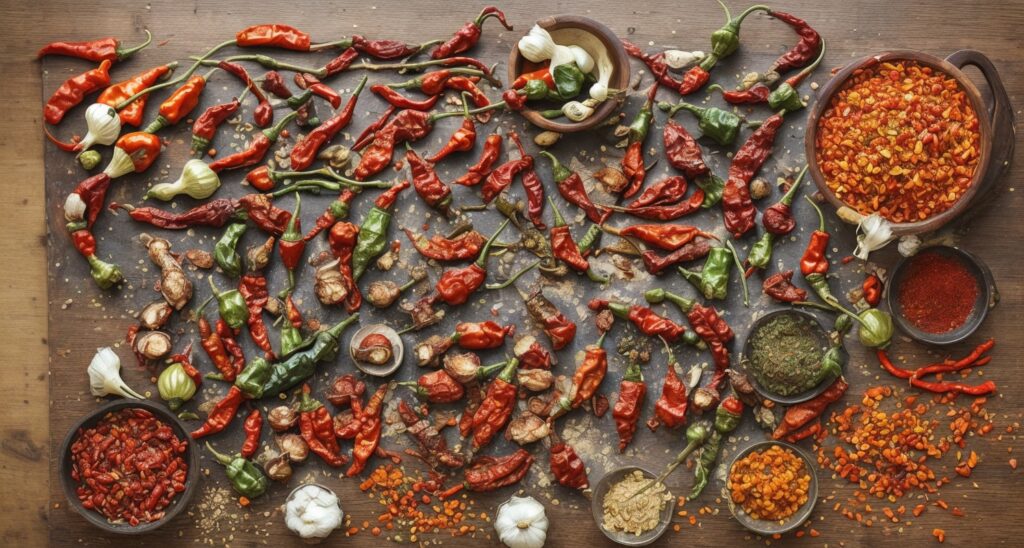 spicy meal preparation, displaying assorted fresh chili peppers, hot sauce