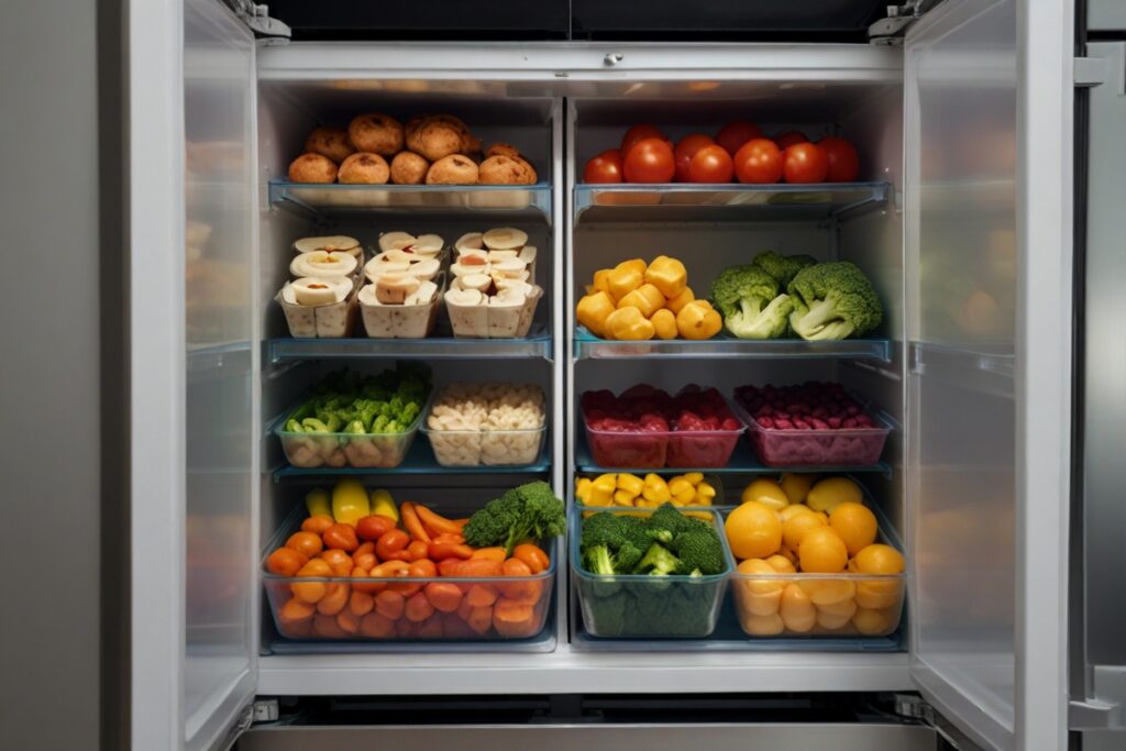 Organized refrigerator filled with labeled meal prep containers for different days of the week, showcasing various ready-to-eat dishes such as casseroles and salads. The fridge is stocked with fresh vegetables, dairy products, and other essentials, highlighting an efficient meal planning system.