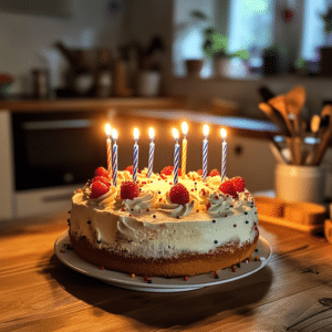 A beautifully decorated birthday cake with lit candles, sitting on a festive kitchen counter