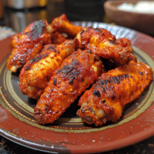 Crispy buffalo chicken wings coated in spicy red sauce
