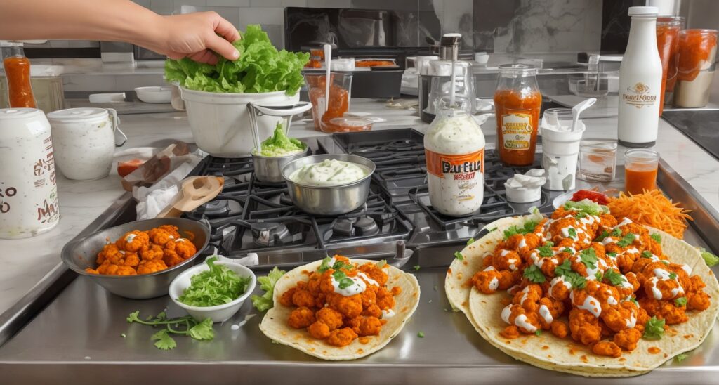 preparation of Buffalo Cauliflower Tacos, with crispy golden cauliflower florets tossed in spicy buffalo sauce, laid out next to soft taco shells and fresh toppings like diced tomatoes and shredded lettuce, set in a vibrant, modern kitchen atmosphere.