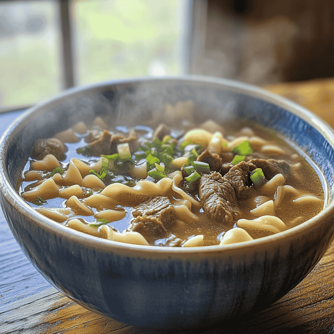 A steaming bowl of beef noodle soup with tender beef, fresh herbs, and a rich broth.