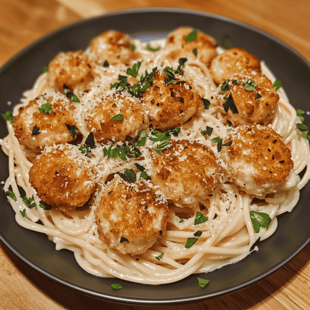 Garlic Butter Chicken Balls with Creamy Parmesan Pasta