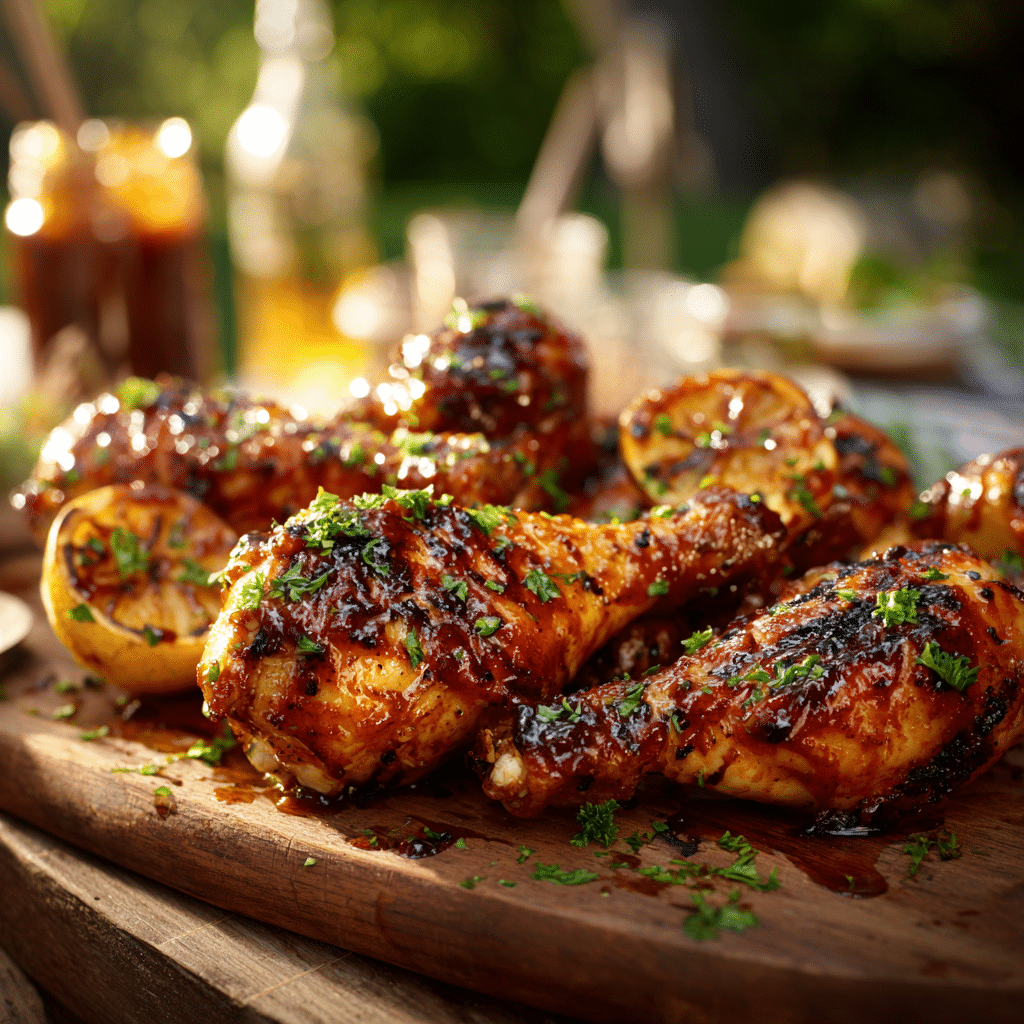 bbq chicken legs recipe grill platter with sauce and garnish