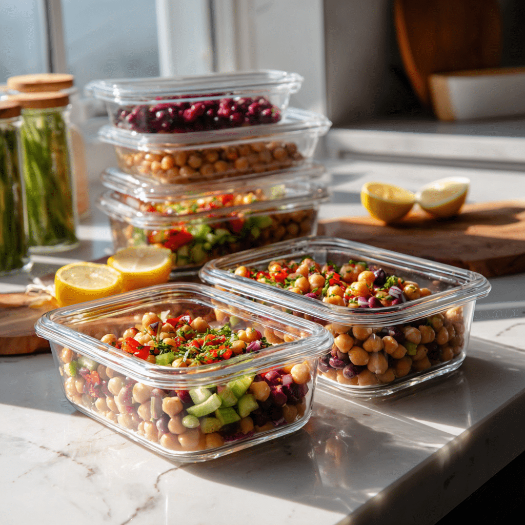 Dense bean salad meal prep in glass containers