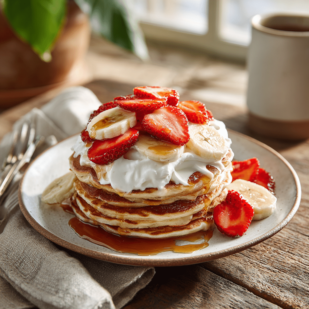 Mini pancakes street food served with fruit and syrup