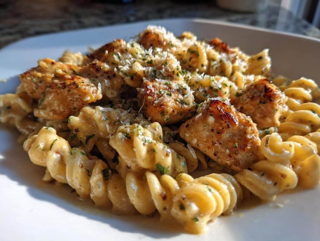 Garlic Butter Chicken Bites & Spicy Cajun Alfredo Twisted Pasta
