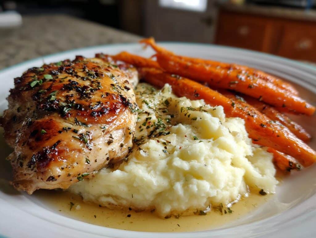 Garlic Herb Chicken with Mashed Potatoes and Glazed Carrots