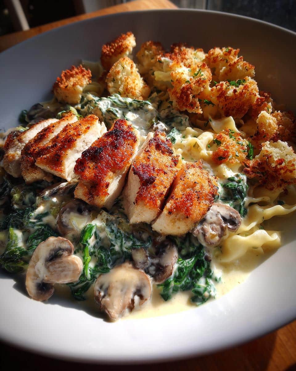 Spinach-Artichoke Greek Chicken Alfredo & Crispy Parmesan Broccoli with Mushroom Basil Cream - detail 1