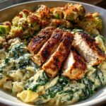 Spinach-Artichoke Greek Chicken Alfredo & Crispy Parmesan Broccoli with Mushroom Basil Cream