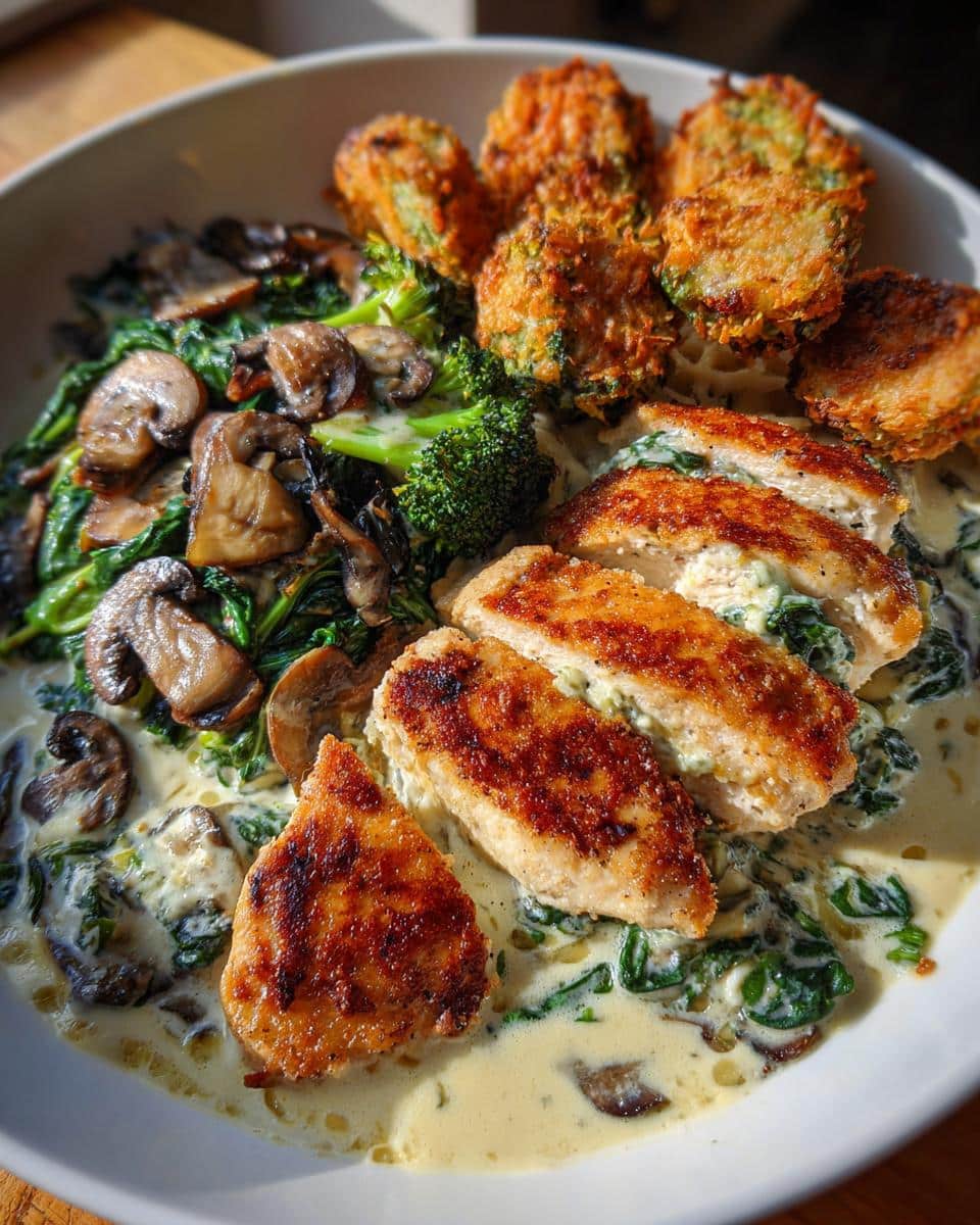Spinach-Artichoke Greek Chicken Alfredo & Crispy Parmesan Broccoli with Mushroom Basil Cream - detail 2